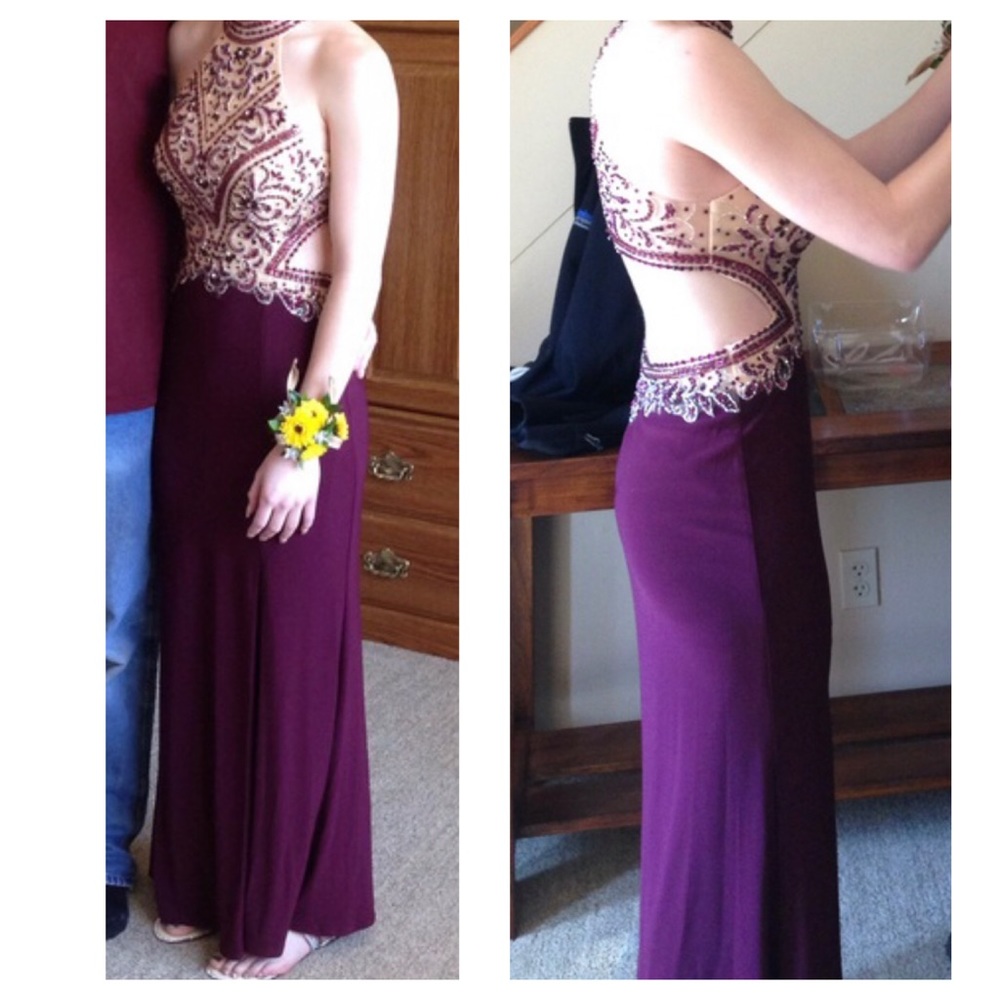 Plum beaded prom dress